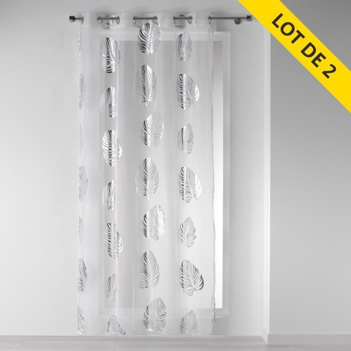 Lot de 2 voilages oeillets 140x240 voile imp. transfert palmette Blanc/Argent