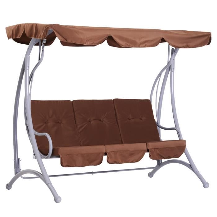 Balancelle balancoire fauteuil de jardin en acier 3 places charge max. 340 Kg chocolat