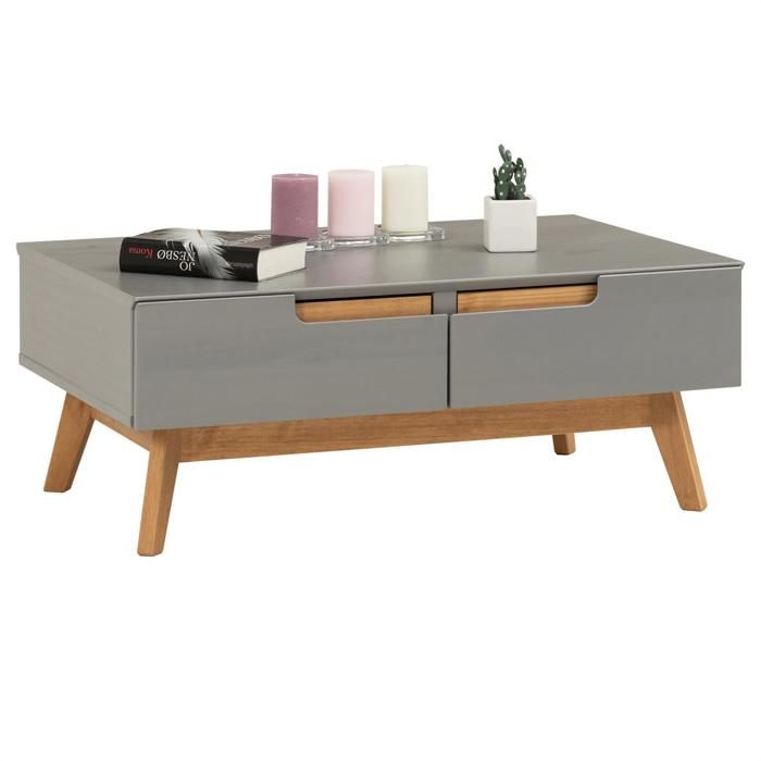 Table basse TIBOR style scandinave design vintage nordique table de salon rectangulaire 2 tiroirs 2 niches en pin massif lasuré gris