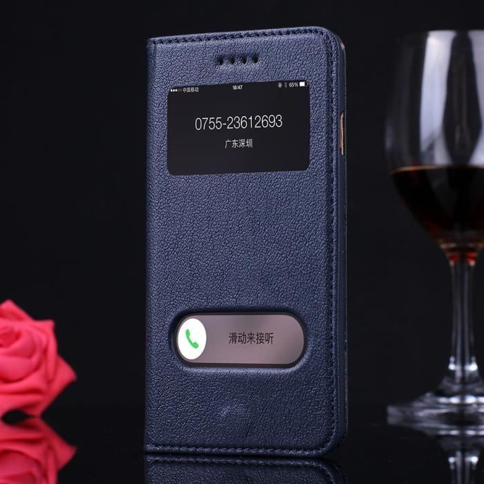 Housse en cuir de haute qualité Avec fenetres Vintage luxe classique Etui pour iPhone 6 - iPhone 6S - (Bleu)