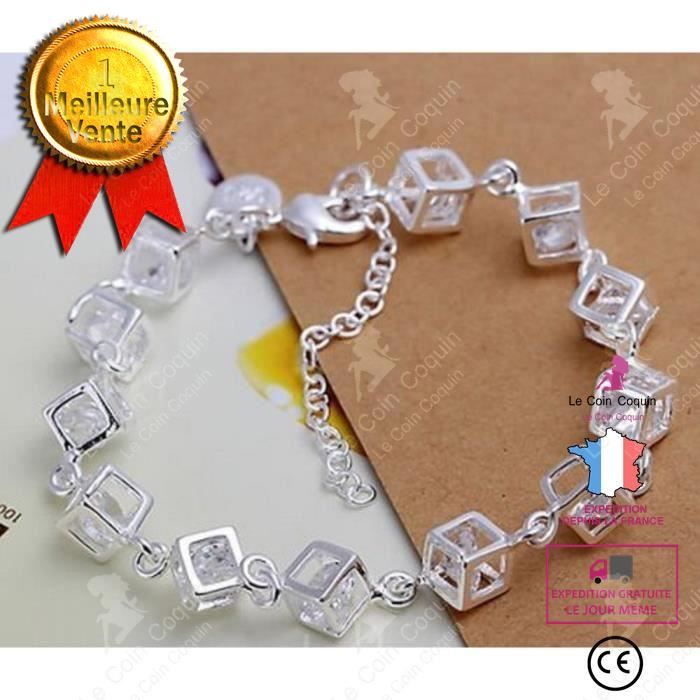 LCC® Bracelet Gourmette Cadeau idéal pour Femme/Fille Suite De Cubes avec cristaux zirconium l’intérieur/Bracelet Argent 925 /100