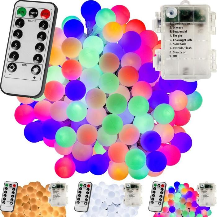 VOLTRONIC Guirlande lumineuse boules LED, 10m, multicolore, 100 LED, à piles, télécommande incluse