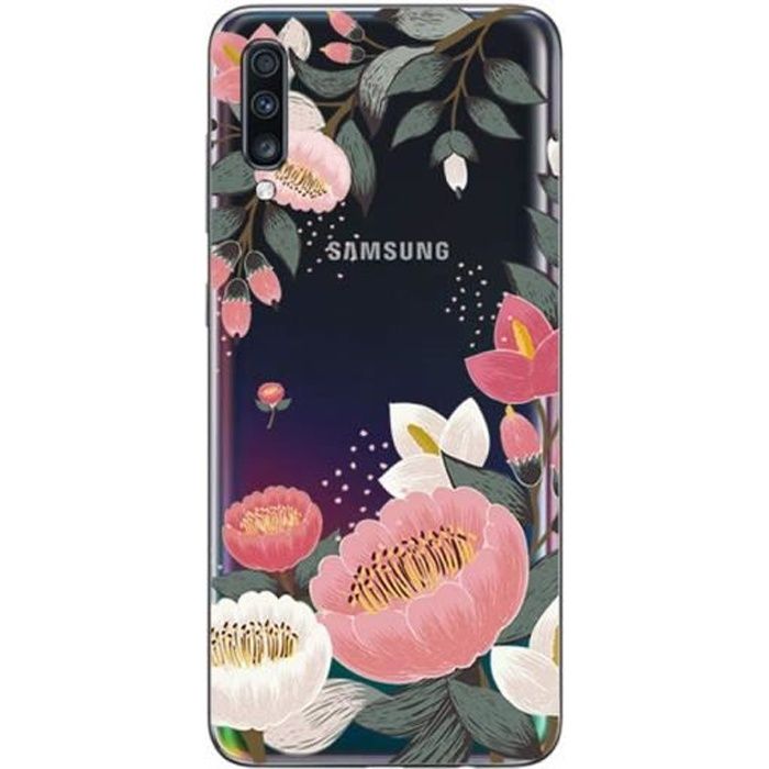 Pour SAMSUNG Galaxy A70 - coque arrière Transparente fantaisie , Souple et résistante - Fleurs