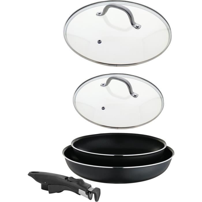 OGO 7930136 Lot 5 pièces Easy clip : 2 Poêles 24cm et 28cm, 2 couvercles 24cm et 28cm + poignée amovible - Tous feux dont induction