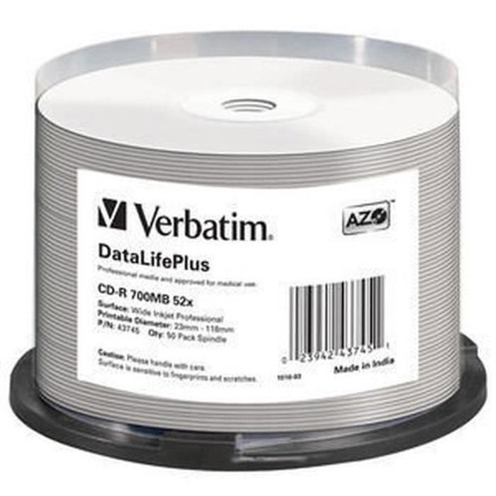Verbatim DataLifePlus. Type: CD-R, Capacité de stockage de CD: 700 Mo, Quantité par paquet: 50 pièce(s).