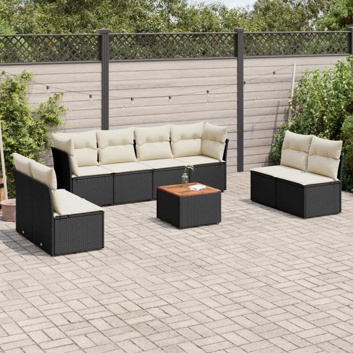 vidaXL Salon de jardin 9 pcs avec coussins noir résine tressée 3255909