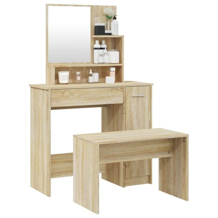 ensemble coiffeuse bois chêne - table de maquillage - tabouret - rangements tiroir placard - meuble moderne - chambre