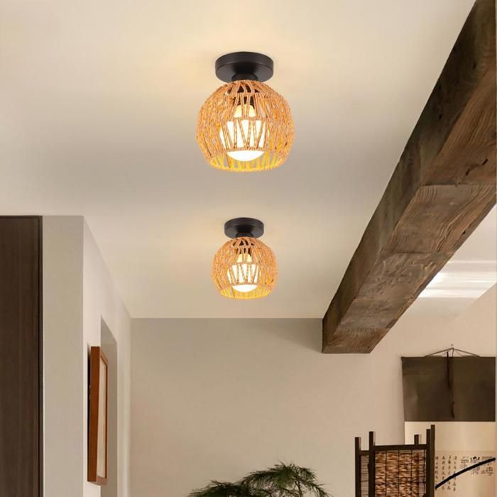 iDEGU Lot de 2 Rétro Plafonnier Industriel 16cm Lustre Vintage en Rotin E27 Luminaire Plafonnier Cage pour Salon Chambre