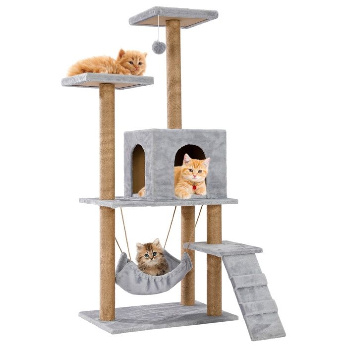 Meilleurs prix pour Arbre à chat 2 Plate-Formes,1 Niche,1 Hamac,1 Escalier,Poteaux à griffer 60x40x136cm Gris
