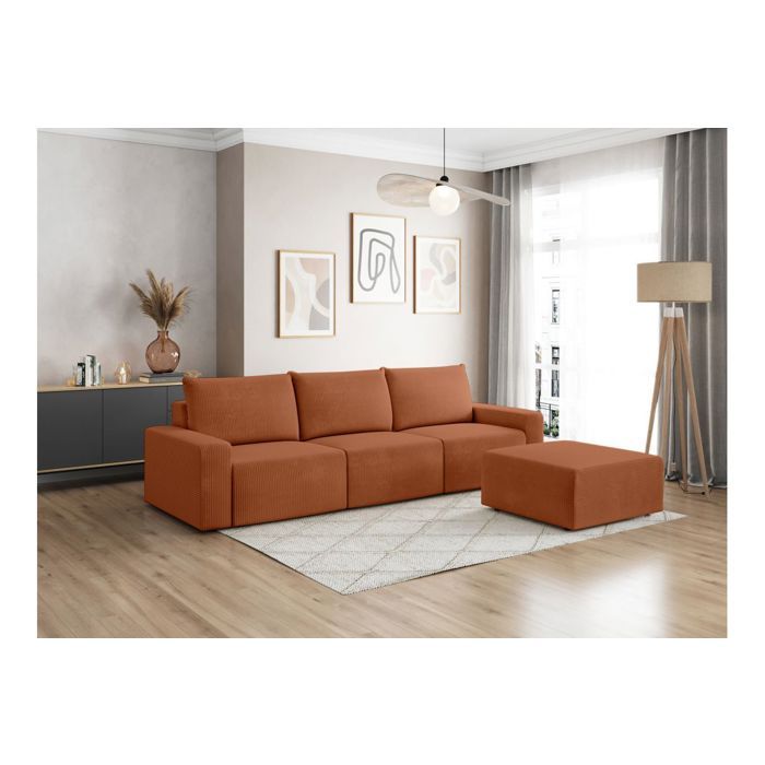 PACK - Canapé droit fixe 3 places ROMANE avec pouf en velours côtelé - Terracotta