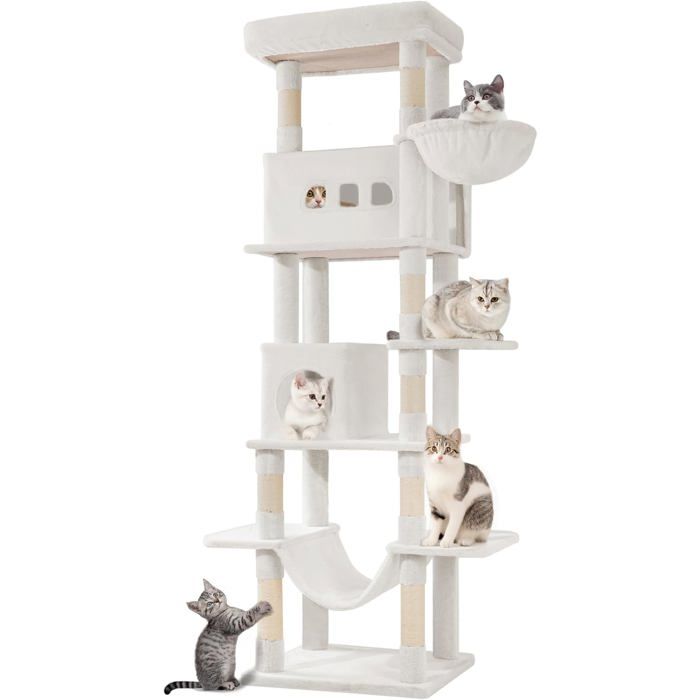 Comparer les prix de 210 cm Grand Arbre à Chat avec Grand Perchoir Tapis Lavable 2 Niches Chats 8 Griffoirs Hamac et Pompons Blanc Crème