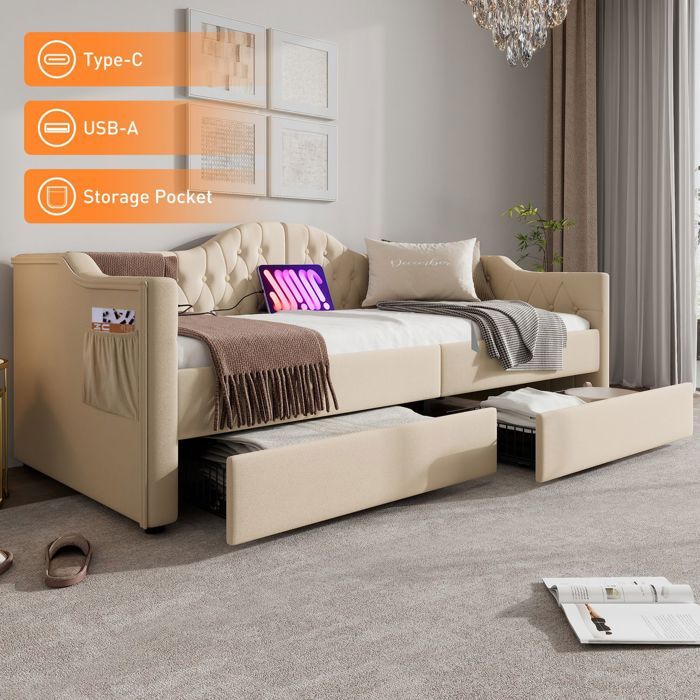 Lit une personne 90x200cm Lit rembourré velours beige tête de lit vintage 2 tiroirs fonction charge USB Type C