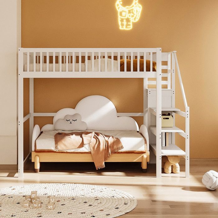 Lit mezzanine 140x200 cm en bois massif pour adolescents adultes et enfants avec étagère de rangement et dressing simple blanc.