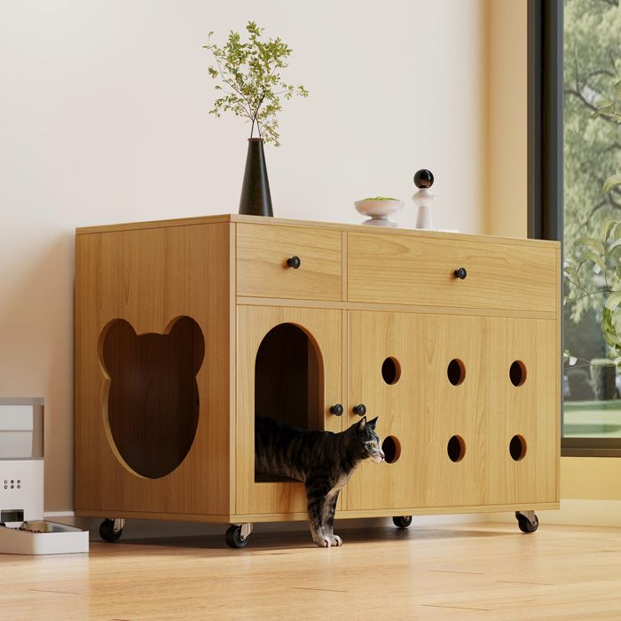 Meilleurs prix pour Armoire à litière pour chat - MDF - 100x45x66 cm - Plaque de vidange amovible - Couleur bois naturel