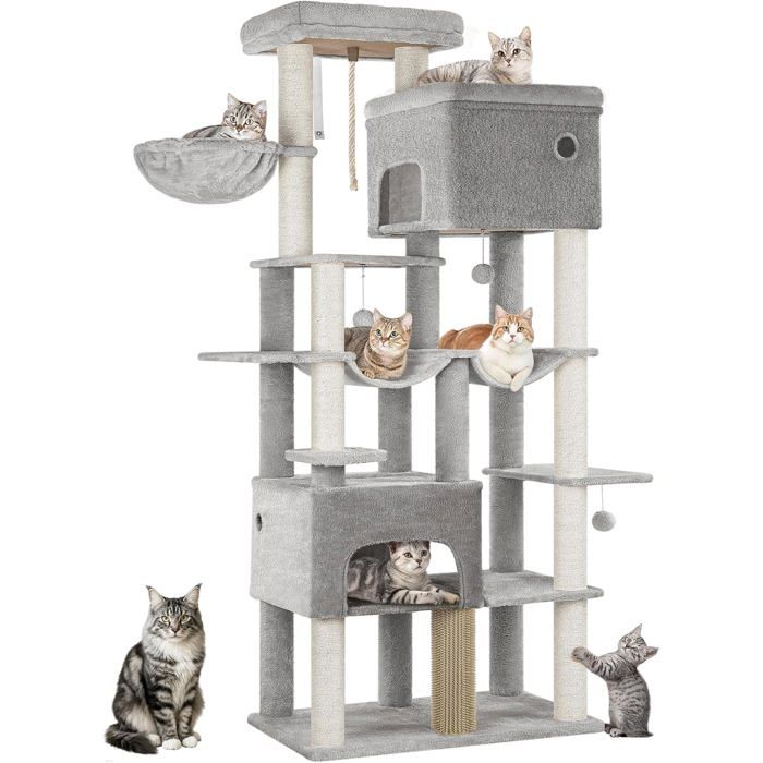 Arbre à ChatGrand Tour à Chat de 200 cm de Haut avec 10 Griffoirs 2 Plateformes Géantes 2 Niches 2 Hamacs Pompons Gris Clair
