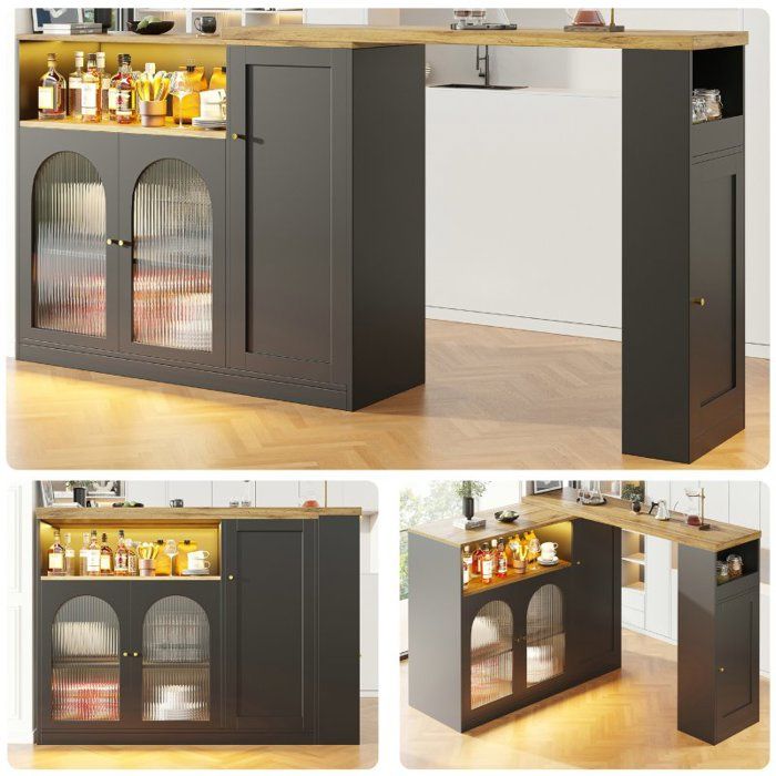 Table Haute Bar Extensible Pivotant à 360° - 198 x 396 x 97 cm - porte vitrée et éclairage LED avec plateau en bois noir
