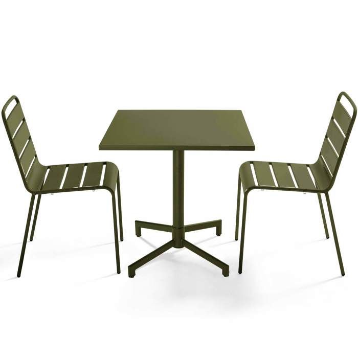 Ensemble table 70 cm et 2 chaises de jardin en métal Vert kaki Palavas Oviala