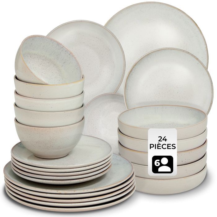 Service - TECTAKE - Set de vaisselle MARE 24 pièces en faïence émaillée 6 personnes fait main compatible lave-vaisselle - Sable