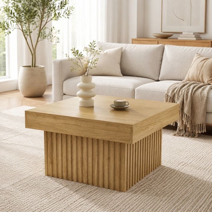 Table basse Maisentiel 79x79x46 cm en panneau de particules et base MDF bois naturel design minimaliste