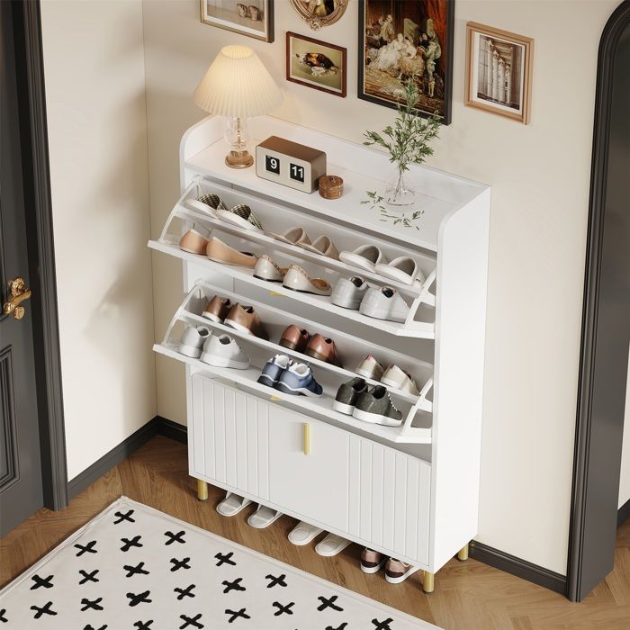 Meuble à chaussures blanc gain de place - 3 portes battantes 6 casiers réglables et sécurité anti-basculement - Idéal pour entrée