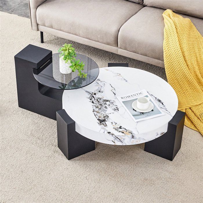 Table Basse Gigogne Ronde en Effet Marbre / Verre Plateau Ensemble de 2 Tables de Salon Moderne Design 61x30/44x44 cm Noire Blanc