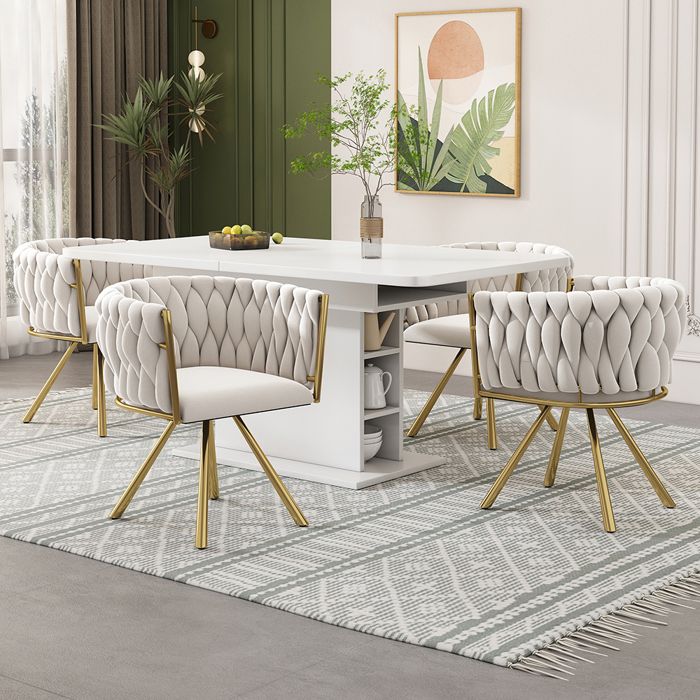 Chaises pivotantes lot de 4 - Chaises de salle à manger avec accoudoirs - Pieds métal - Structure doré - Tissu velours - Beige
