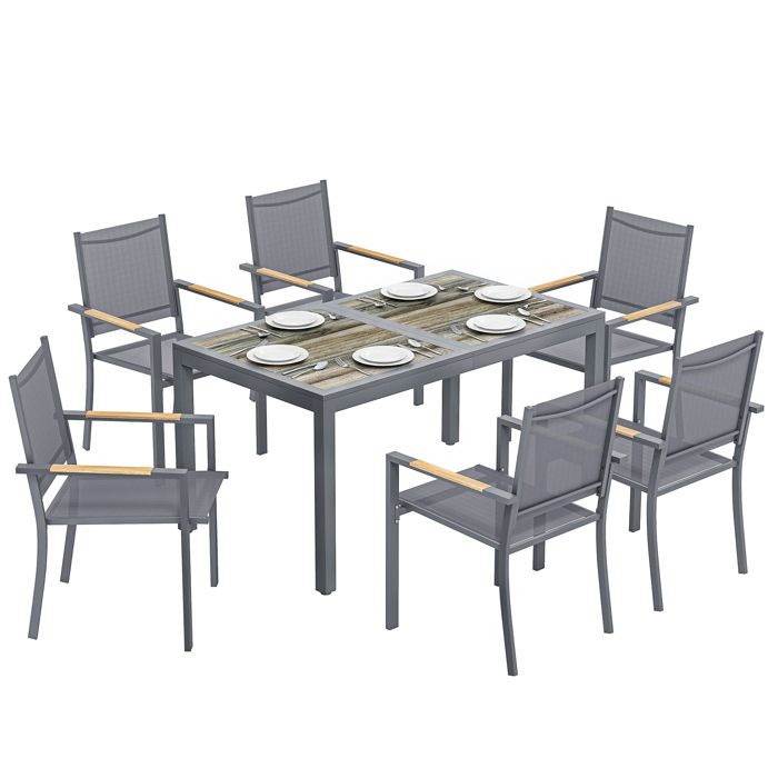 Salon de jardin - ensemble mobilier de jardin - Outsunny - 7 pièces table effet bois et 6 chaises empilables en textilène - gris