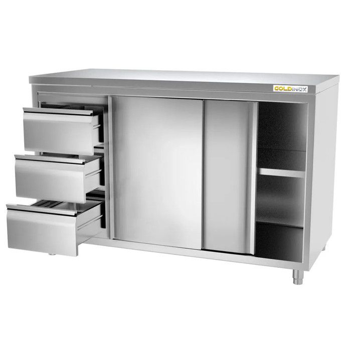 Meuble bas inox 1800x700 mm avec 3 tiroirs à gauche PREMIUM - GOLDINOX