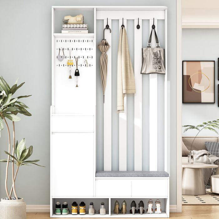 Ensemble de meubles dentrée - 180x100x35 cm - 6 en 1 - Banc à chaussures rembourré - Panneau perforé - Blanc