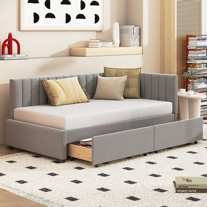 Lit banquette 90x200 cm - Lit avec rangement et sommier à lattes - Velours Gris sans matelas