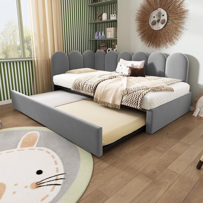 Lit banquette - KOMHTOM - Design Grille Enfantin - 90x200 cm - Lit gigogne 90x190 cm - Velours gris Lit banquette - KOMHTOM - Design Grille Enfantin - 90x200 cm - Lit gigogne 90x190 cm - Velours gris