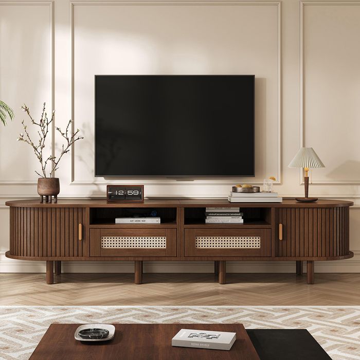 Meuble TV - Ovale 170x40x40 cm - 2 tiroirs rotin - 2 portes coulissantes - Chêne foncé (MDF)
