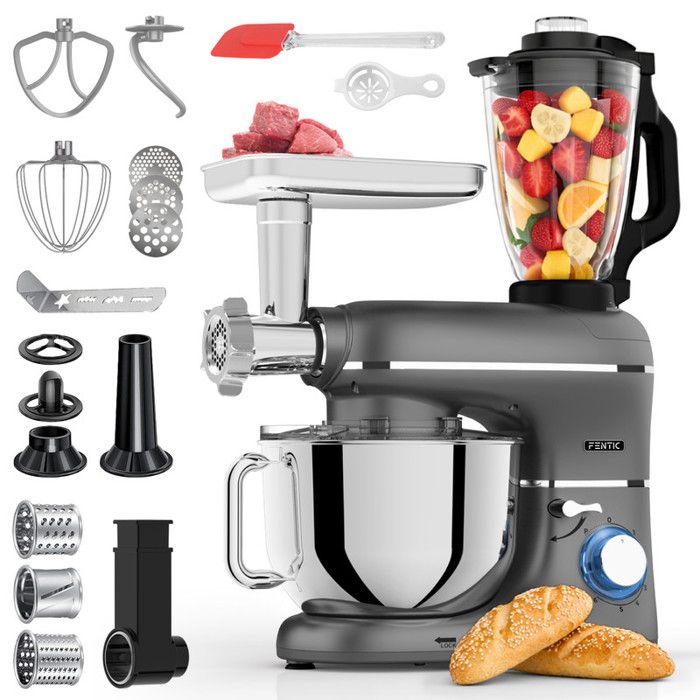 Fentic Robot Pâtissier 6-en-1 2000W – Bol Inox 62L – Hachoir Blender – Crochet Fouet Palette – 6 Vitesses + Pulse – Anthracite
