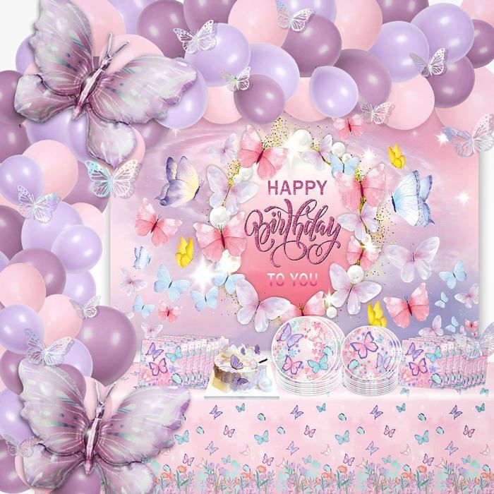151 Pièces Ballon Papillon Decoration Anniversaire Avec Décoration et Vaisselle Anniversaire Violet Fille