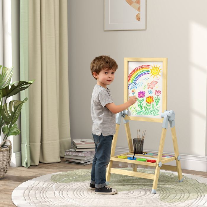 GOPLUS Table Enfant Avec Chaise, Table à Dessin En Bois Avec Tableau Noir/Blanc, Rouleau De Papier, Gomme, Craies, Gobelets De Peinture, Bureau Enfant En Bois Avec Etagere Naturel 92571197