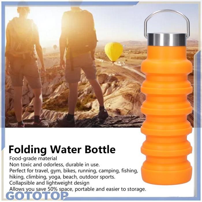 GOTOTOP Bouteille deau en silicone Tasse à boire en silicone pliable de 500 ml avec couvercle en acier articles mazagran Orange