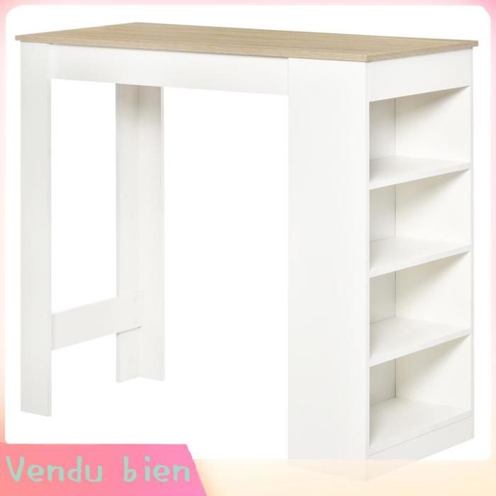 LIA Table bar 2 pers mange-debout 4 étagères blanc/bois naturel 115x50x102 7cm