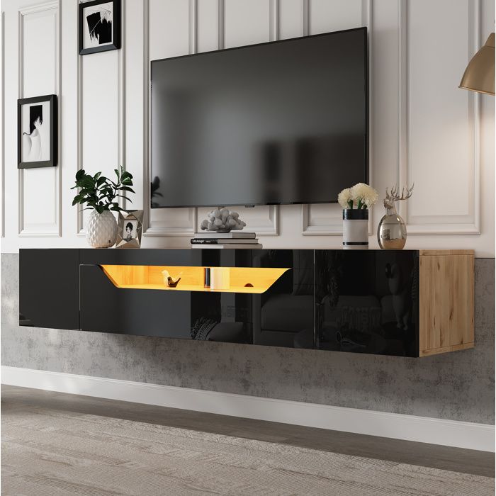 Meuble TV - 3 portes - laqué brillant - éclairage LED - fixation murale - noir et bois naturel - 180 x 37 x 36 cm