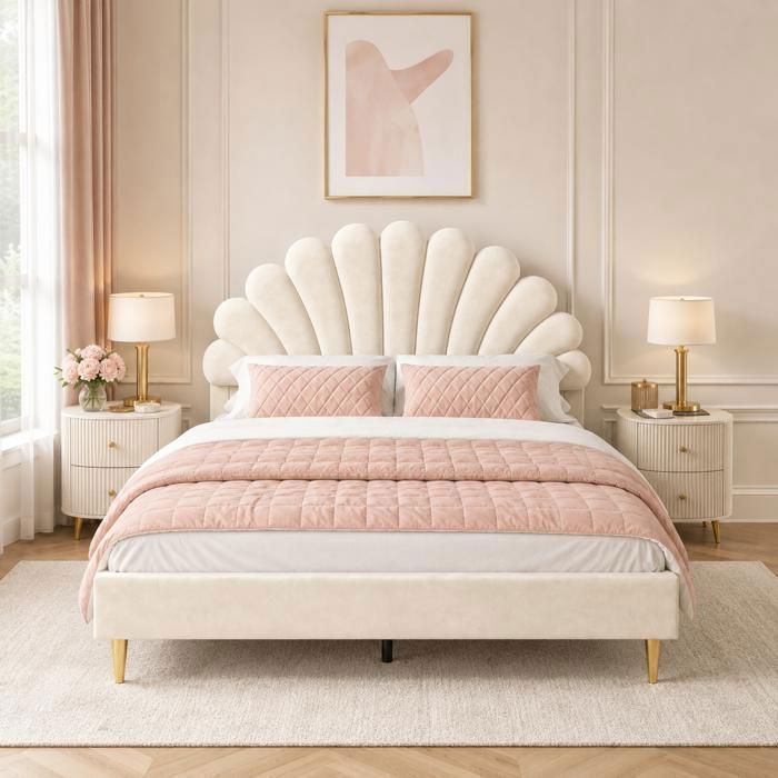 Lit 140x190 pour Fille - DAHUEN - Cadre de Lit avec Sommier à Lattes - Tete de Lit Capitonné - Lit Enfant 2 Places - Velours Beige