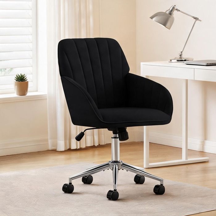 Fauteuil de bureau ergonomique en velours noir réglable en hauteur pivotant pour bureau ou chambre - Design contemporain