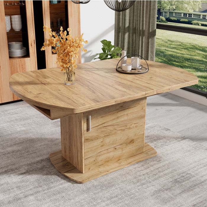 WOVREO Table à manger extensible ovale 140/200x80x75 cm avec rangement panneaux de particules et métal chêne