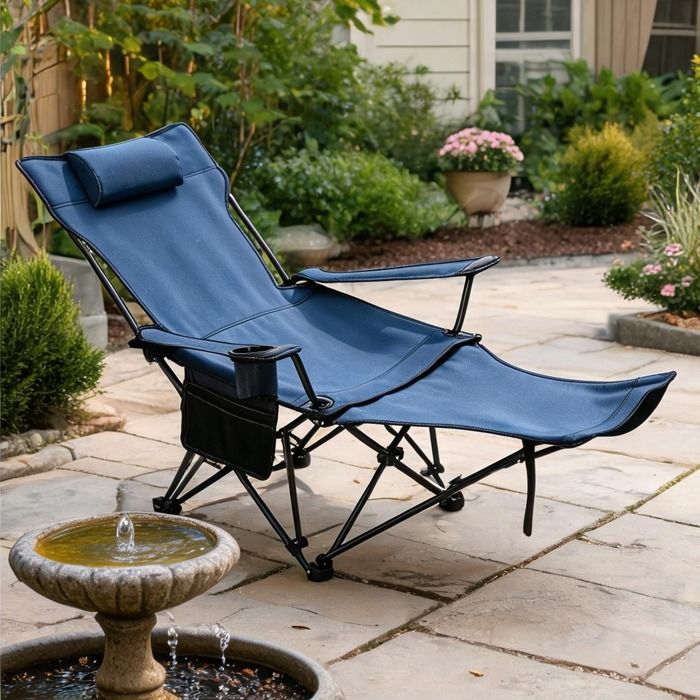 Fauteuil camping pliant acier Oxford avec repose-pieds amovible et porte-gobelet finition bleue 150 kg