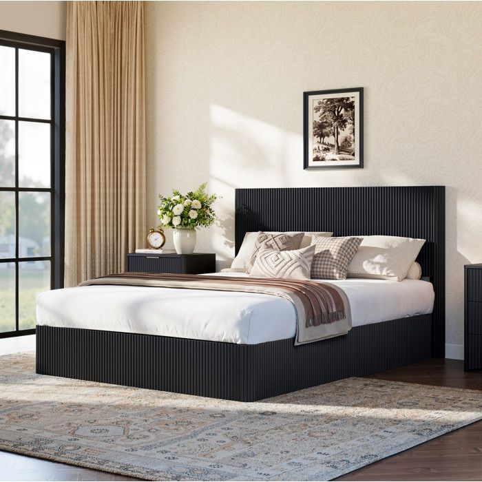 COVREO lit coffre 160 x 200 cm noir avec système de levage hydraulique lattes en bois massif et design rainuré