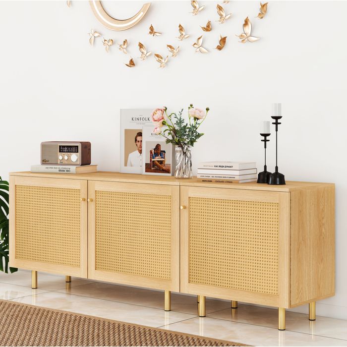 ROVRYN Buffet 3 portes modulaire 180 x 40 x 63 cm aspect bois naturel façades en rotin MDF