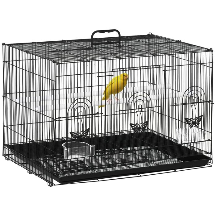 Cage à Oiseaux avec 2 Perchoirs et 3 Portes - Métal et Plastique - 60x41x41 cm - Noir