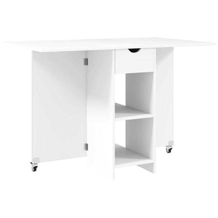 ELVORIN Table à manger pliante mobile 114 5 x 70 x 75 cm 2 à 4 personnes 1 tiroir 2 étagères blanche