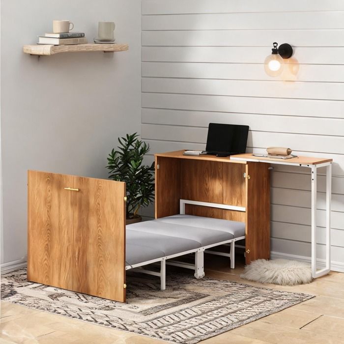 Lit-armoire une personne en métal et bois light natural avec bureau rotatif et matelas intégrée