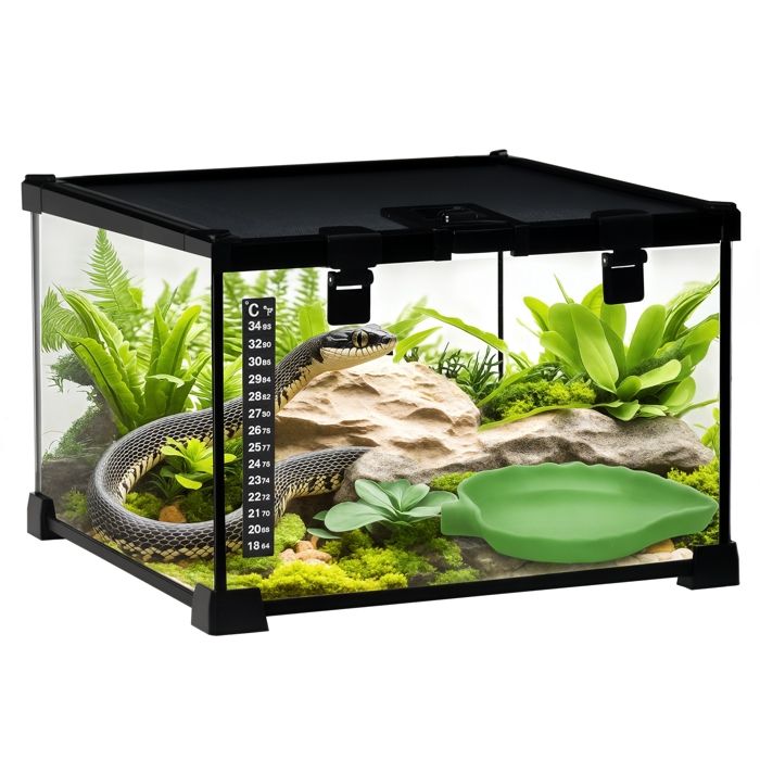 Boîte à reptiles - PawHut - élevage habitat terrarium couvercle coulissant thermomètre inclus - verre métal - 30x30x20cm - noir Boîte à reptiles - PawHut - élevage habitat terrarium couvercle coulissant thermomètre inclus - verre métal - 30x30x20cm - noir