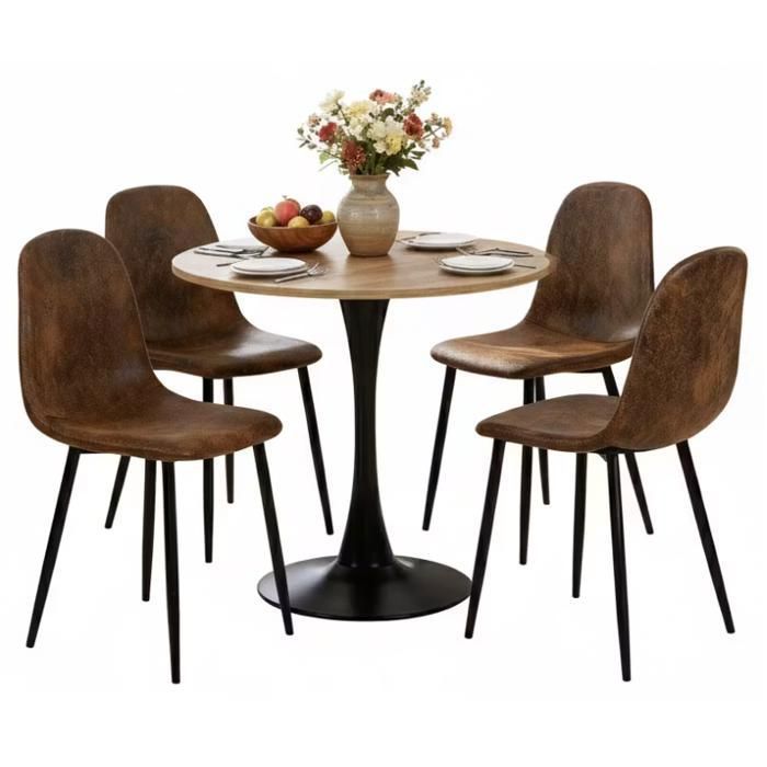 MEUBLES COSY Ensemble de salle à manger de style scandinave composé dune table ronde en chêne et de 4 chaises en suédine marron