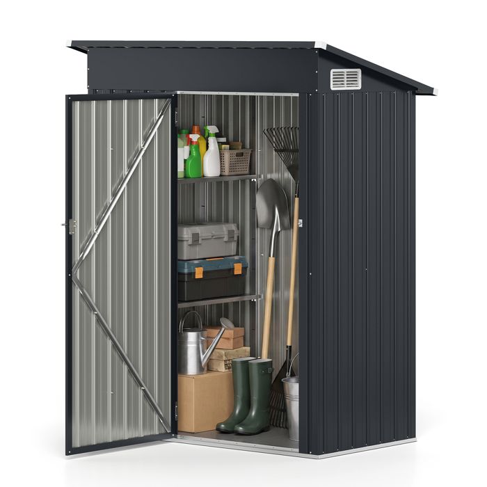Abri de Jardin Extérieur 150x89 5x186 cm COSTWAY-2 Etagères Réglables-Toit Incliné-Évent d’Aération-Porte Verrouillable-Gants-Gris